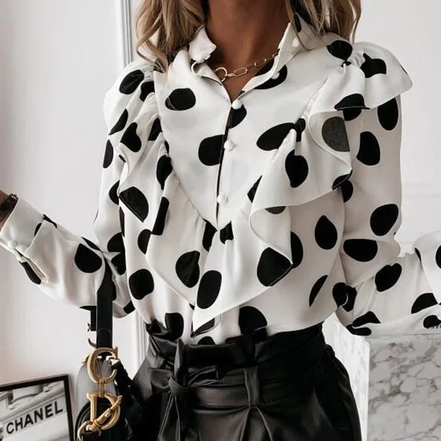 2021 Casual Button-Up Ladies Office Top Long Sleeve Ruffle Blouse Size L