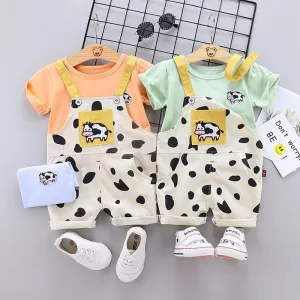 2pcs Fashion Cow Print T-shirt and Jumpsuits