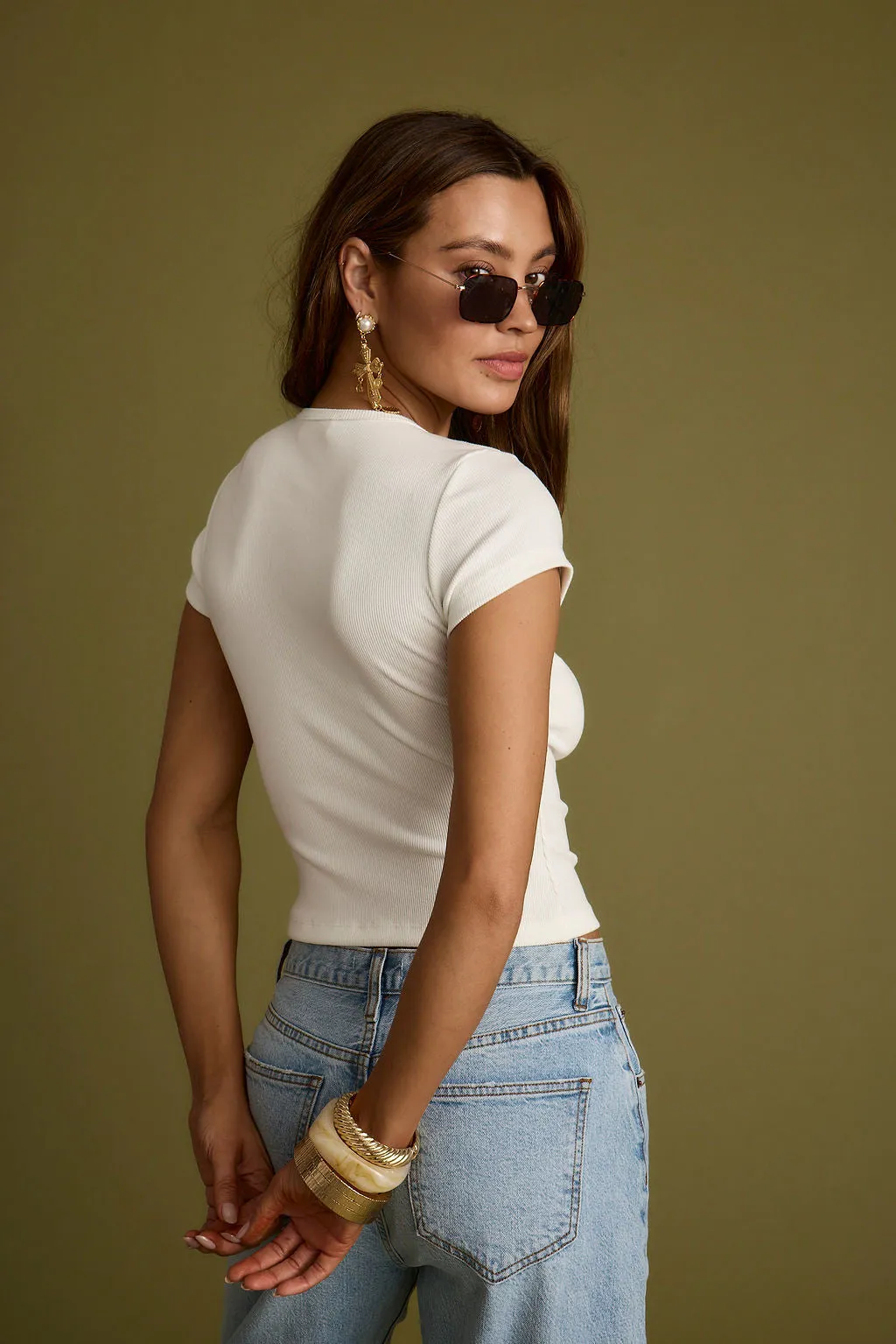 Abby White Ribbed Crew Neck Tee