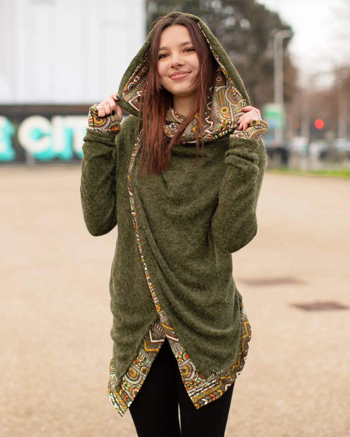 Aztec Hooded Cardigan Jacket Olive Green