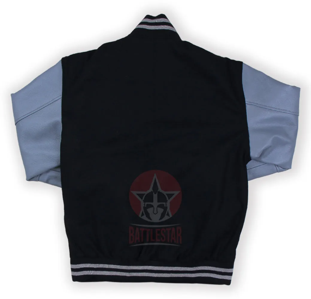 Black Wool Grey Leather Sleeves Varsity Baseball Jacket