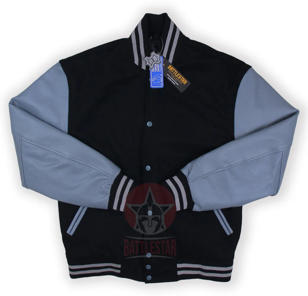 Black Wool Grey Leather Sleeves Varsity Baseball Jacket