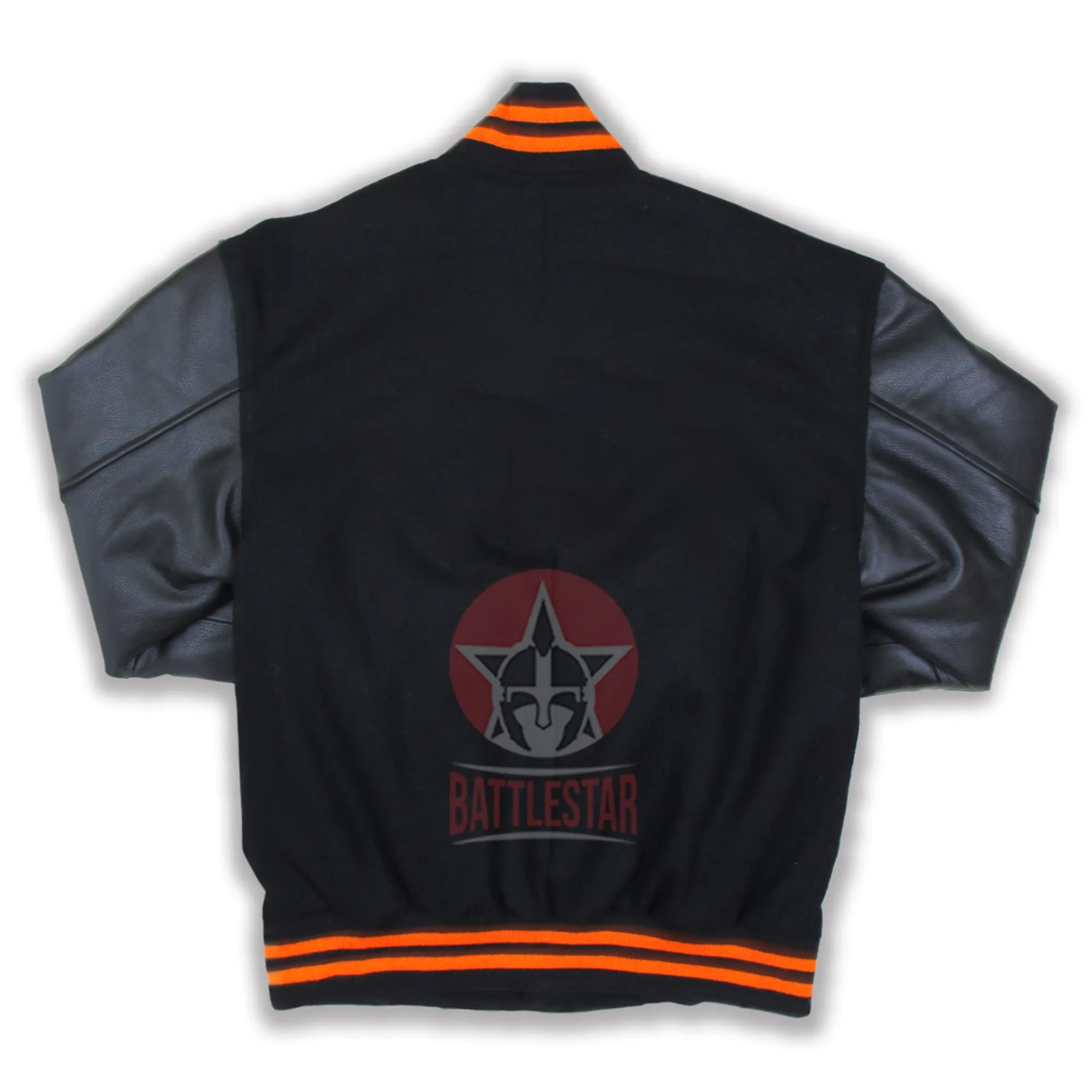 Black Wool Leather Sleeves Orange Rib Varsity Jacket