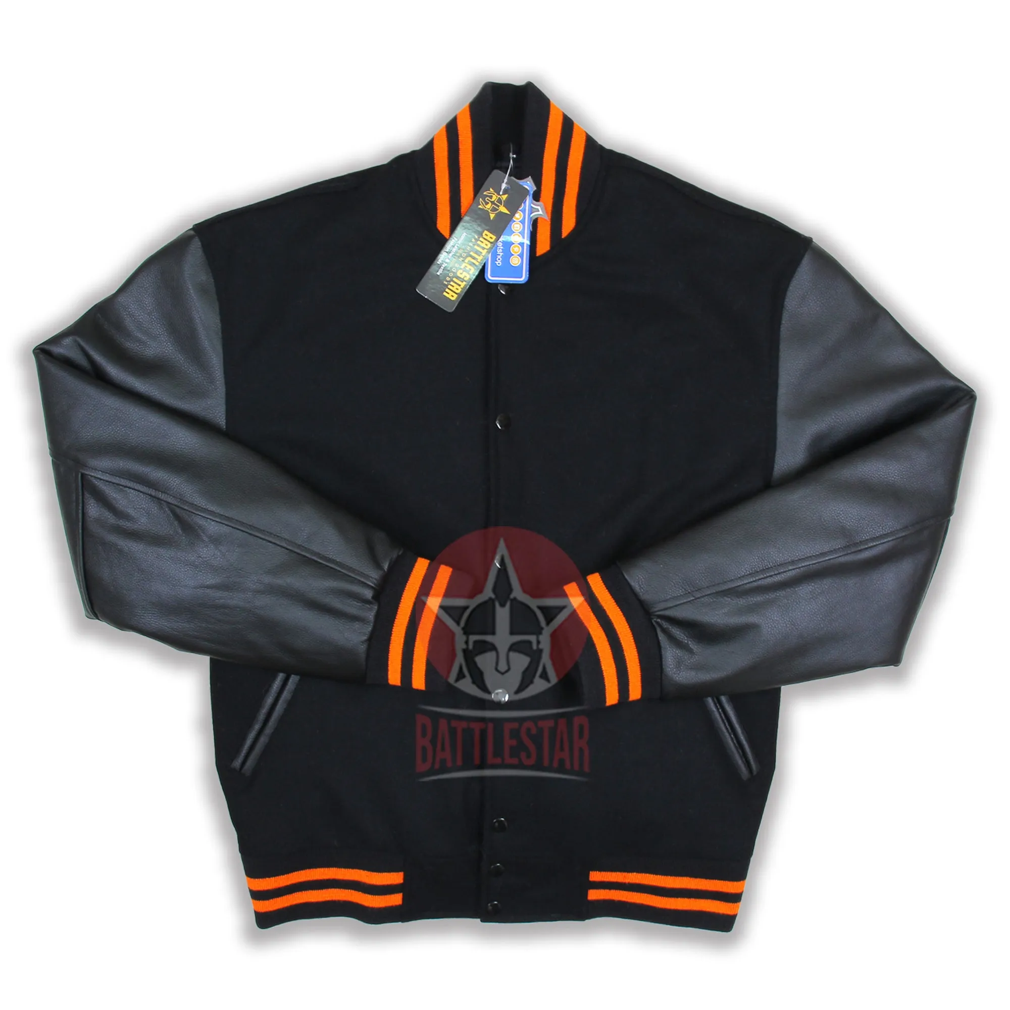 Black Wool Leather Sleeves Orange Rib Varsity Jacket