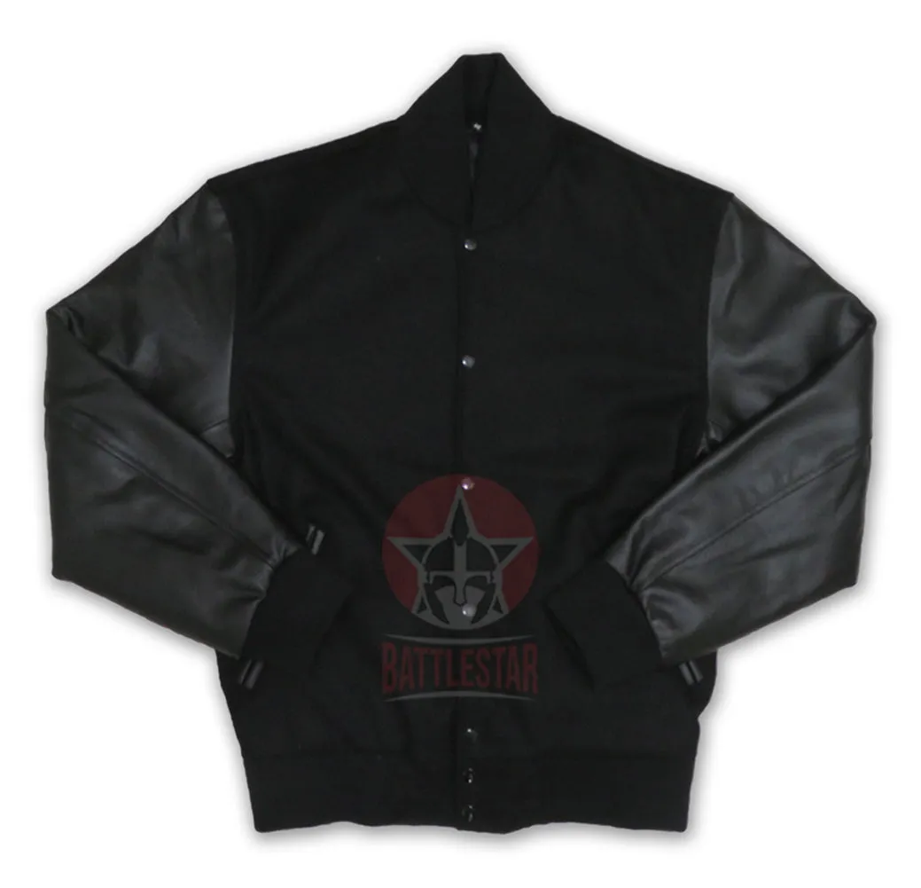 Black Wool Leather Sleeves Varsity Jacket