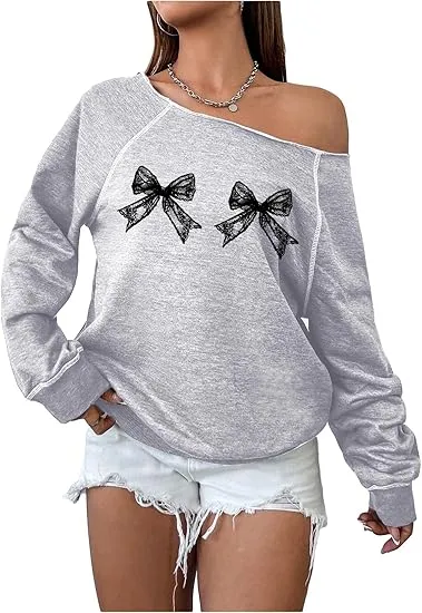 Bow Grey Fall Chic Off Shoulder Sweatshirt