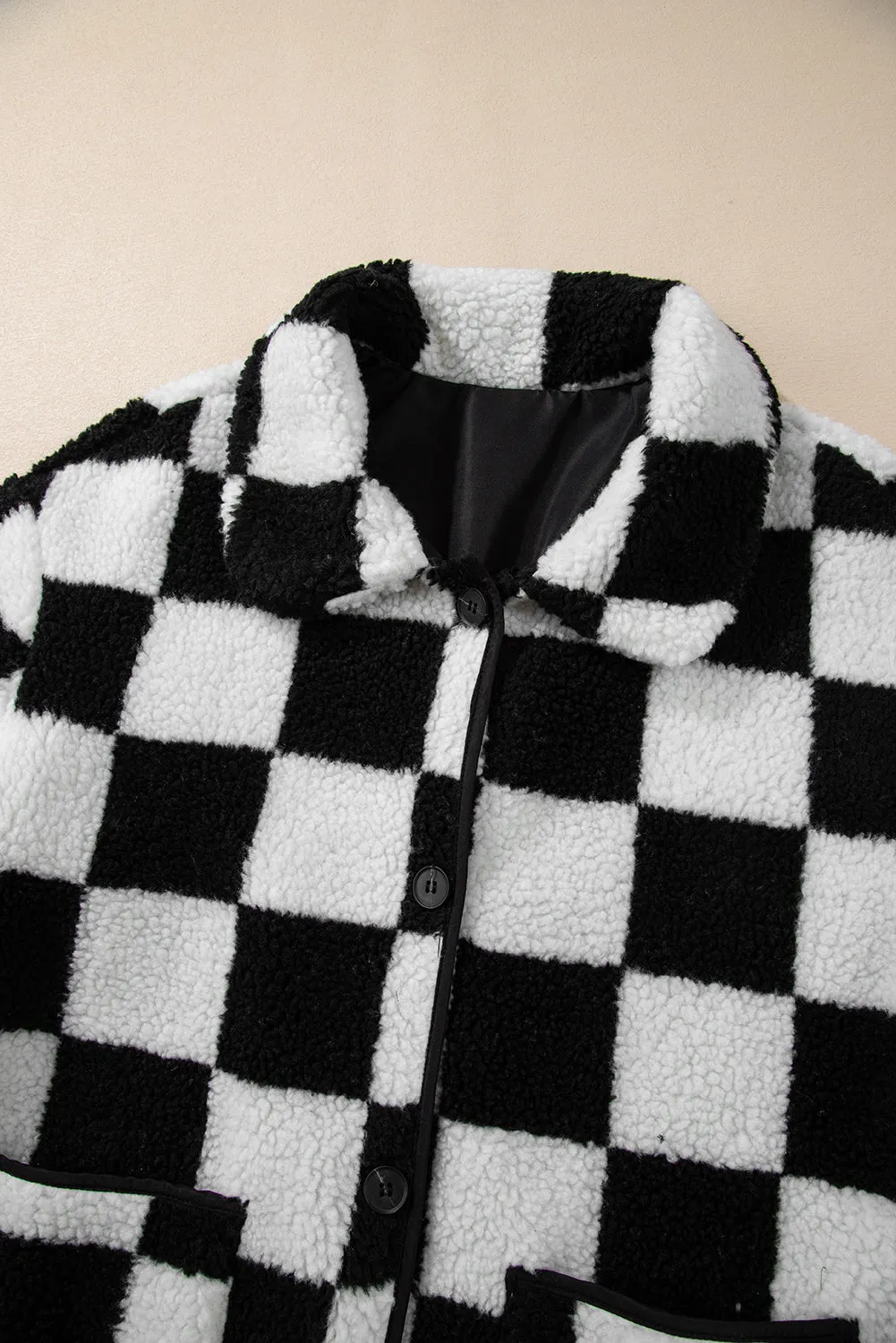 Checkered Side Pockets Fleece Jacket