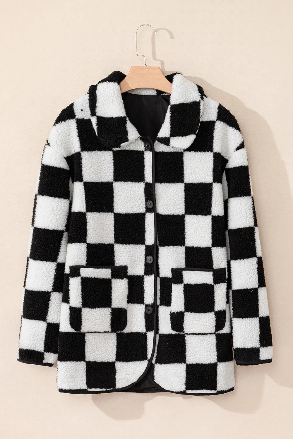 Checkered Side Pockets Fleece Jacket