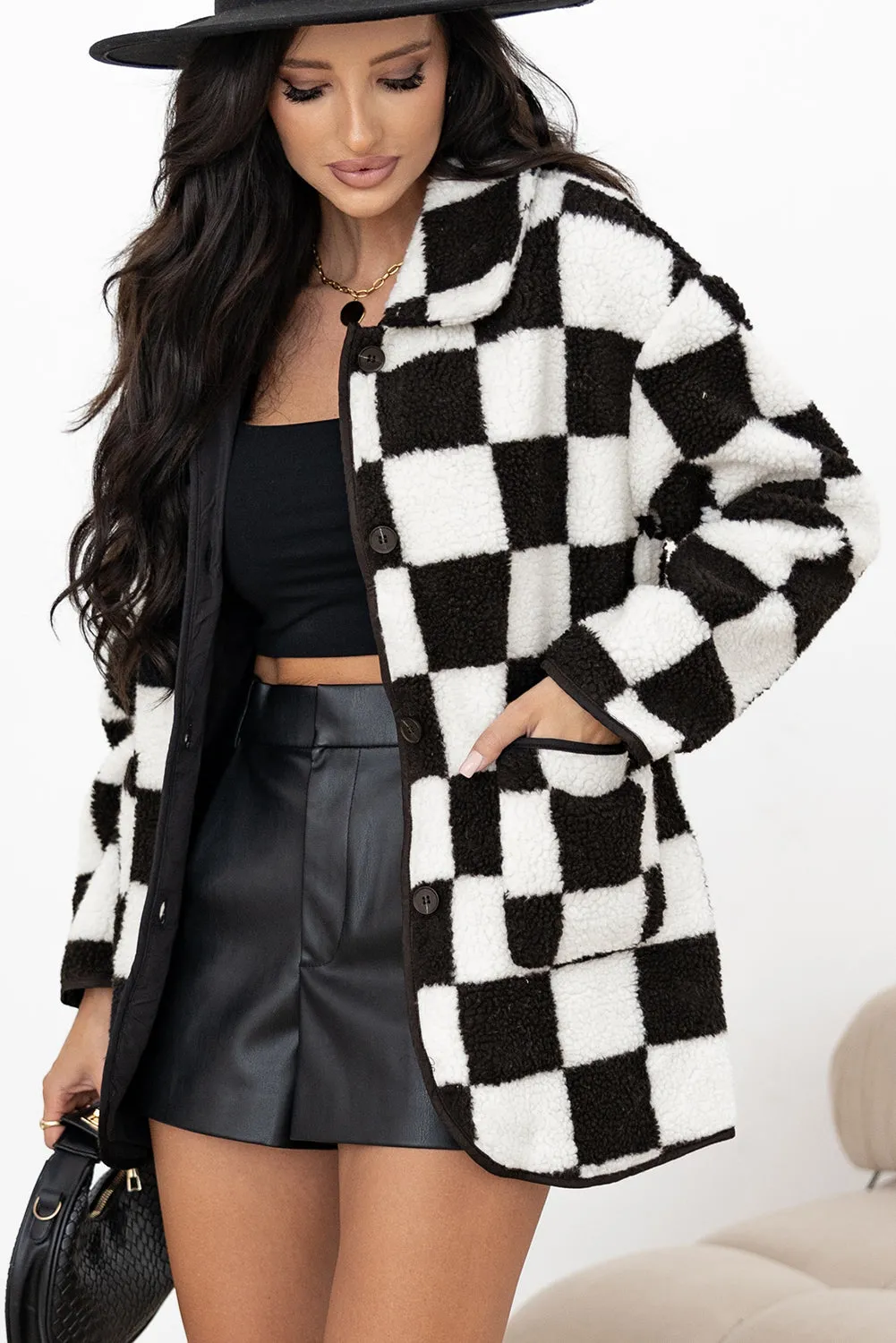 Checkered Side Pockets Fleece Jacket