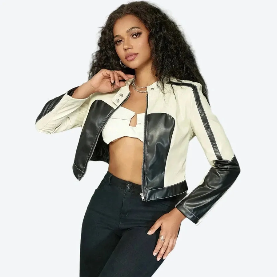 Chic Colorblock Faux Leather Jacket Tops