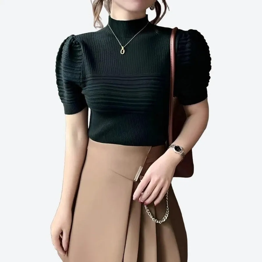 Chic Puff-Sleeve Mock Neck Tops