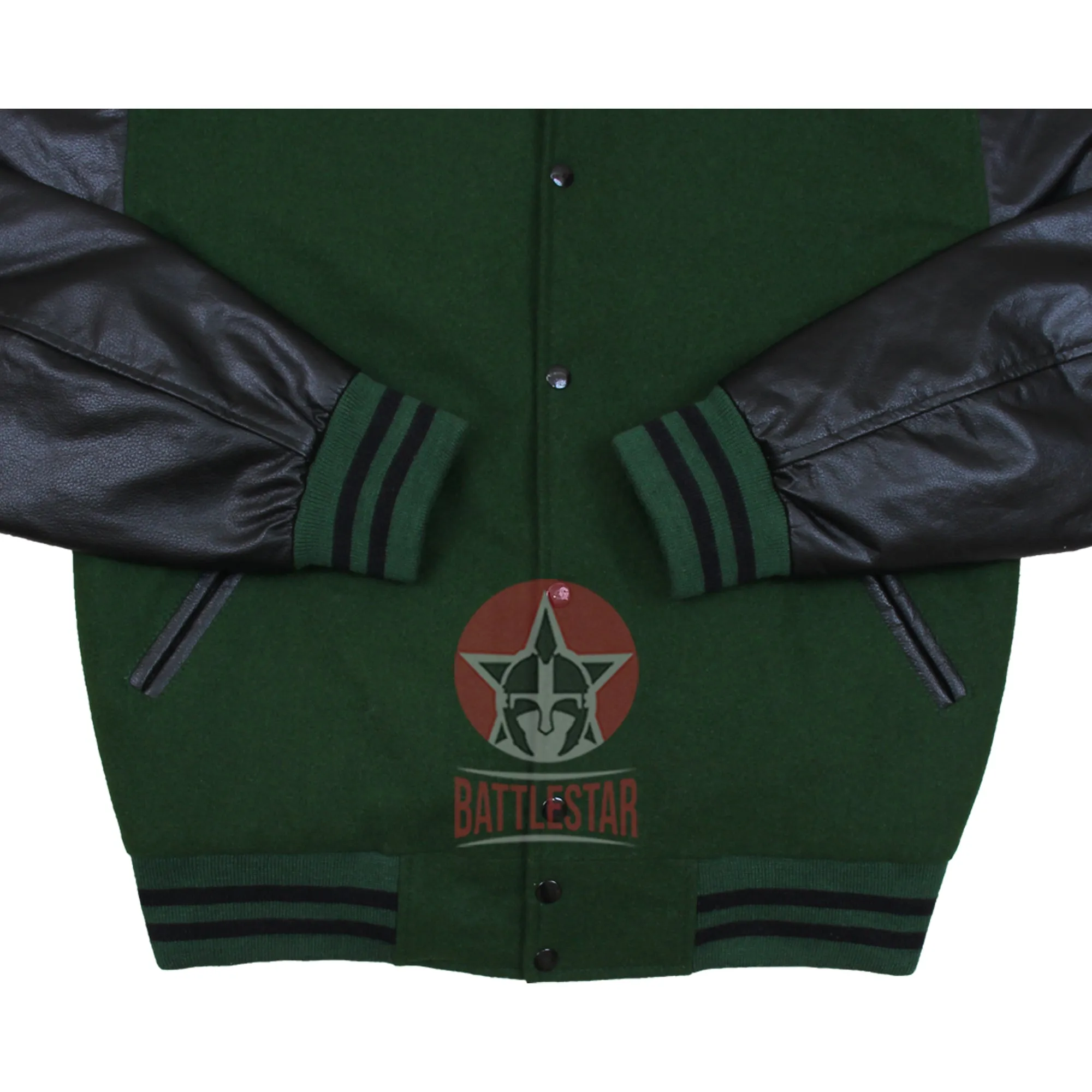 Forest Green Wool Black Leather Varsity Baseball Bomber Jacket