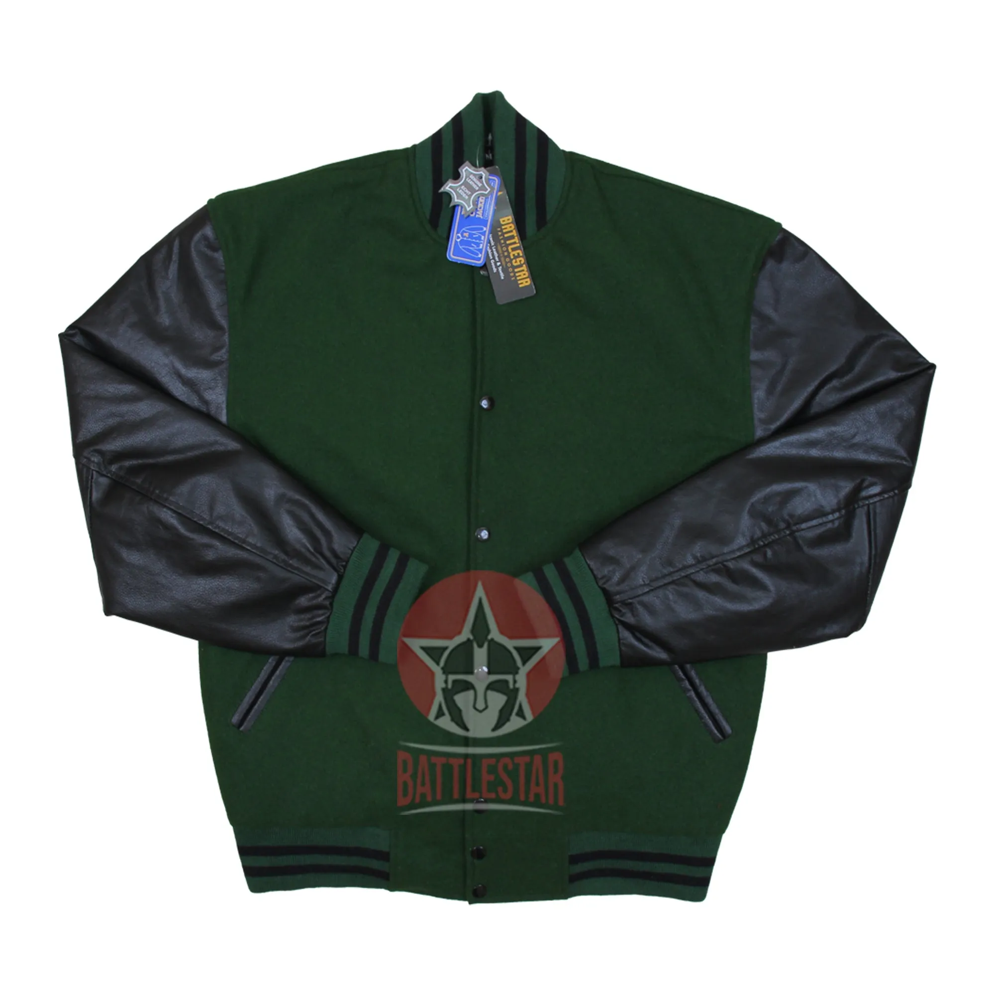 Forest Green Wool Black Leather Varsity Baseball Bomber Jacket