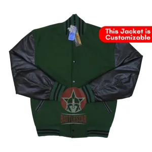 Forest Green Wool Black Leather Varsity Baseball Bomber Jacket