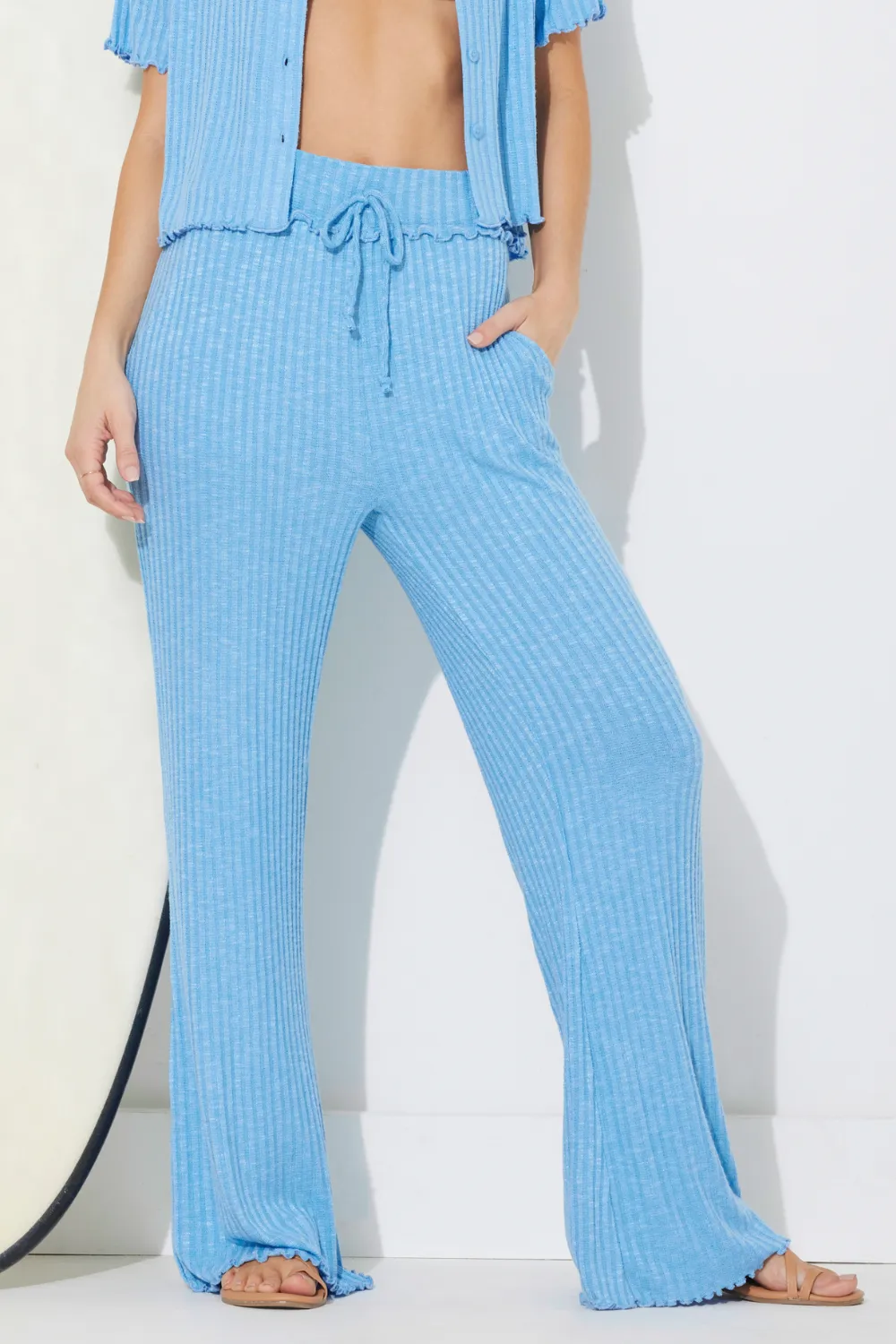 French Blue Solid Rib Lettuce Edge Pants