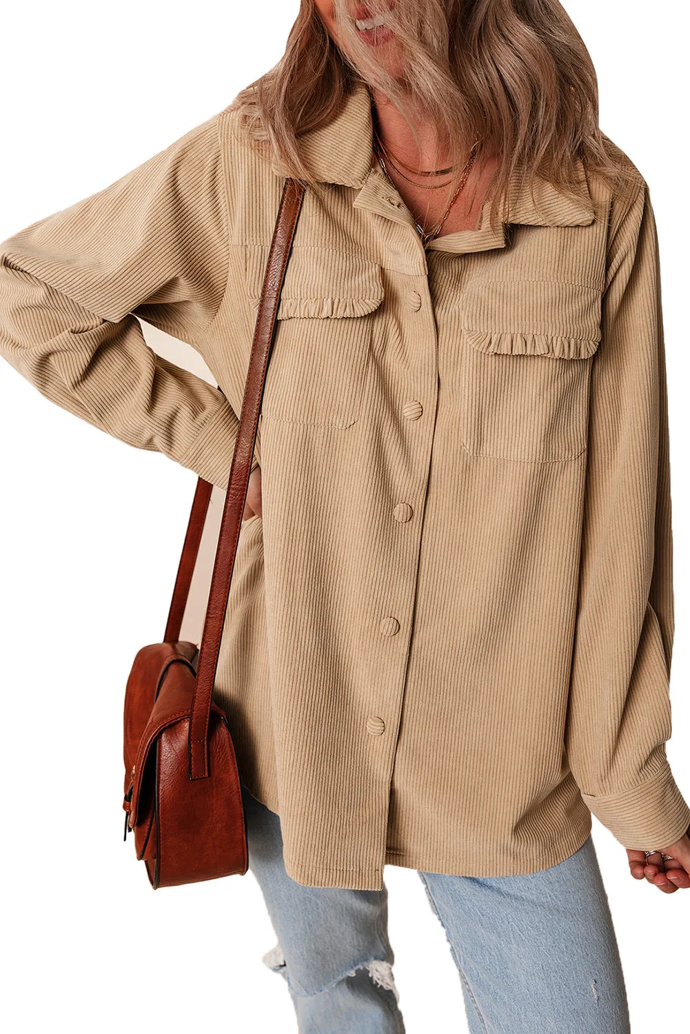 Frilled Flap Pocket Button Up Corduroy Shacket