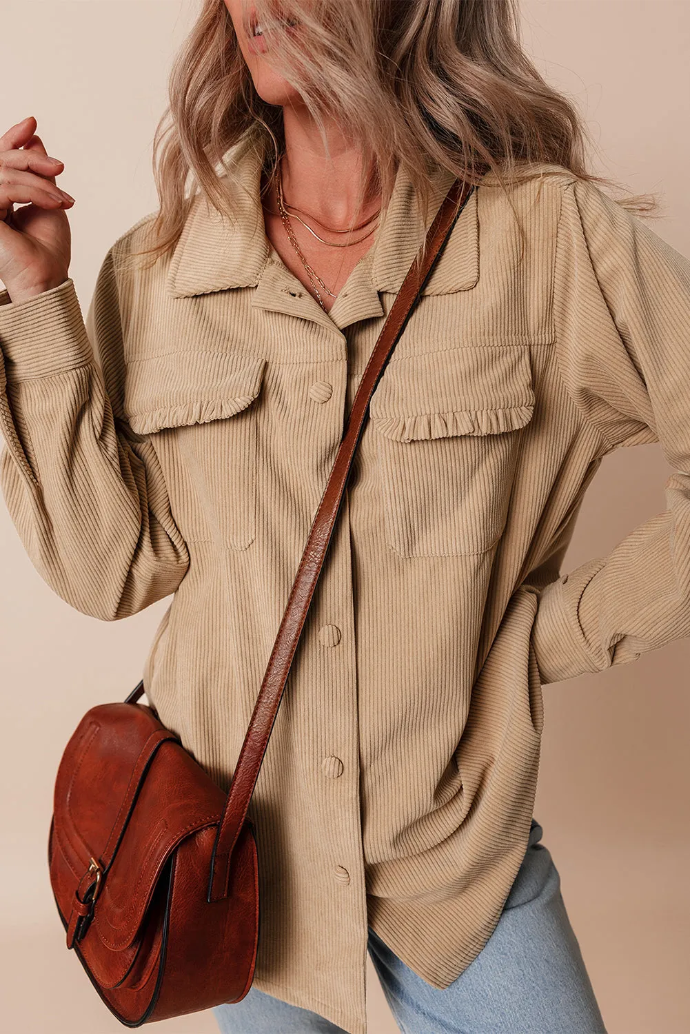 Frilled Flap Pocket Button Up Corduroy Shacket