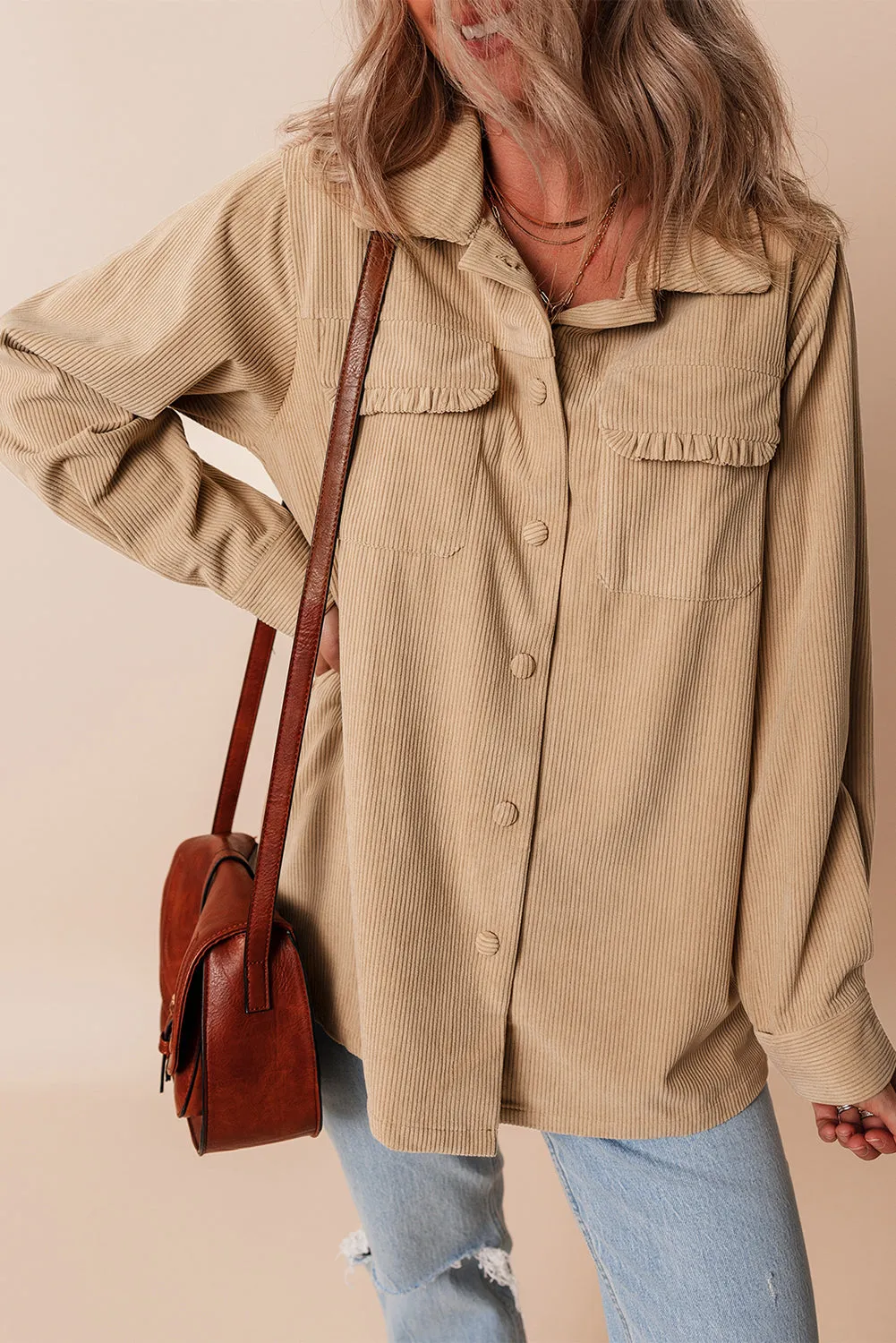 Frilled Flap Pocket Button Up Corduroy Shacket