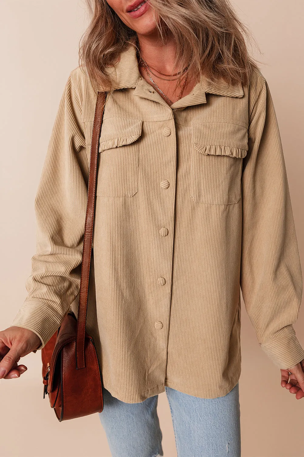 Frilled Flap Pocket Button Up Corduroy Shacket