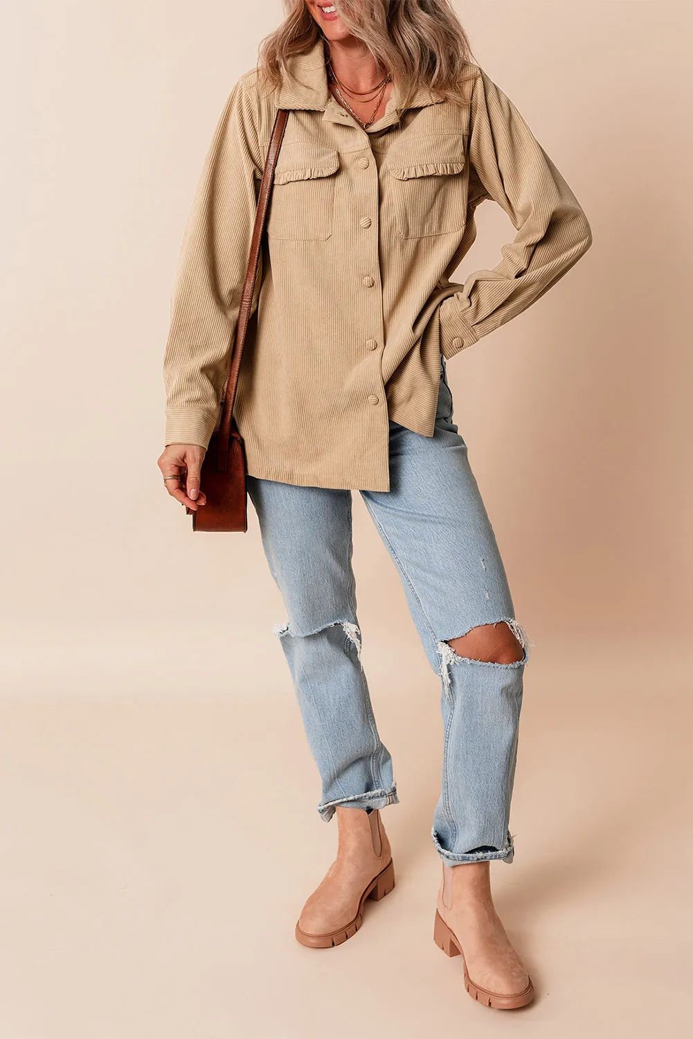 Frilled Flap Pocket Button Up Corduroy Shacket