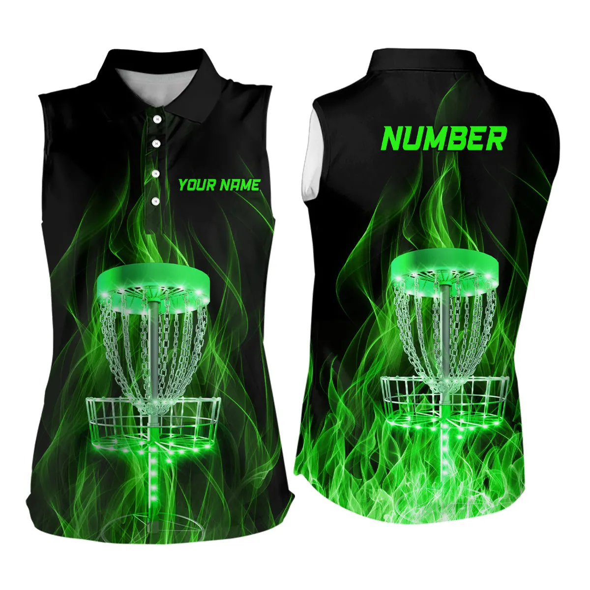 Green Fire Flame Disc Golf Basket Polo Shirts Custom Disc Golf Shirts For Women Golf Gifts