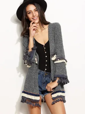 Grey Marled Knit Cardigan With Embroidered Tape And Fringe Detail