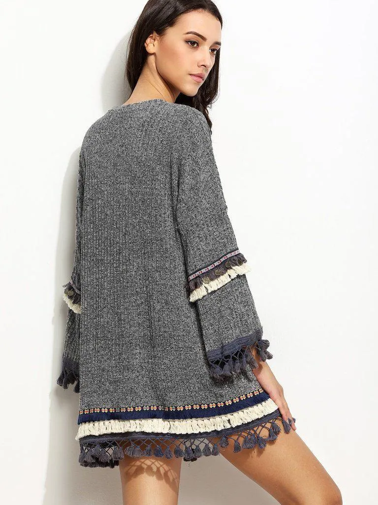 Grey Marled Knit Cardigan With Embroidered Tape And Fringe Detail