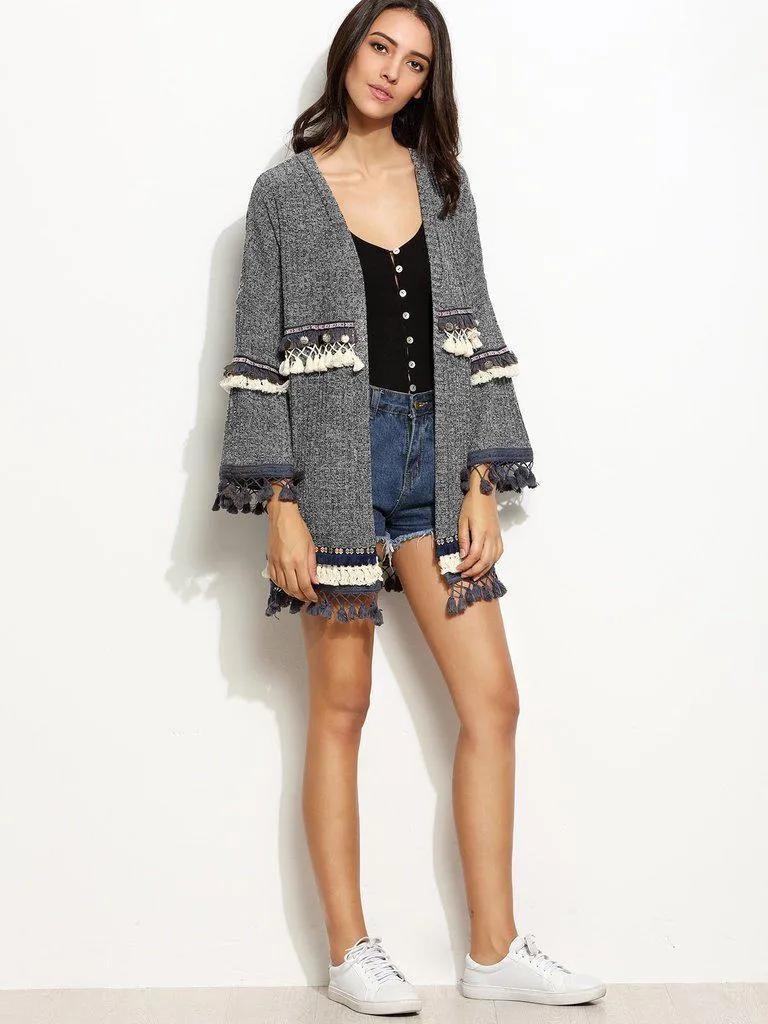 Grey Marled Knit Cardigan With Embroidered Tape And Fringe Detail