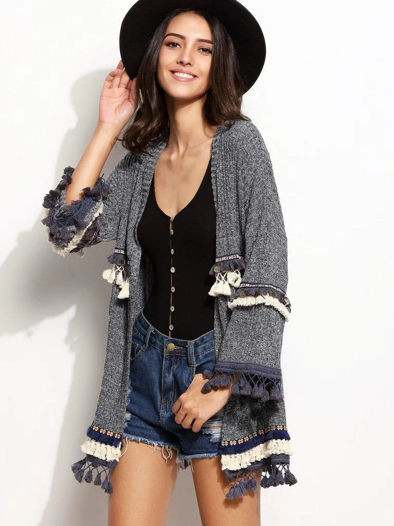 Grey Marled Knit Cardigan With Embroidered Tape And Fringe Detail