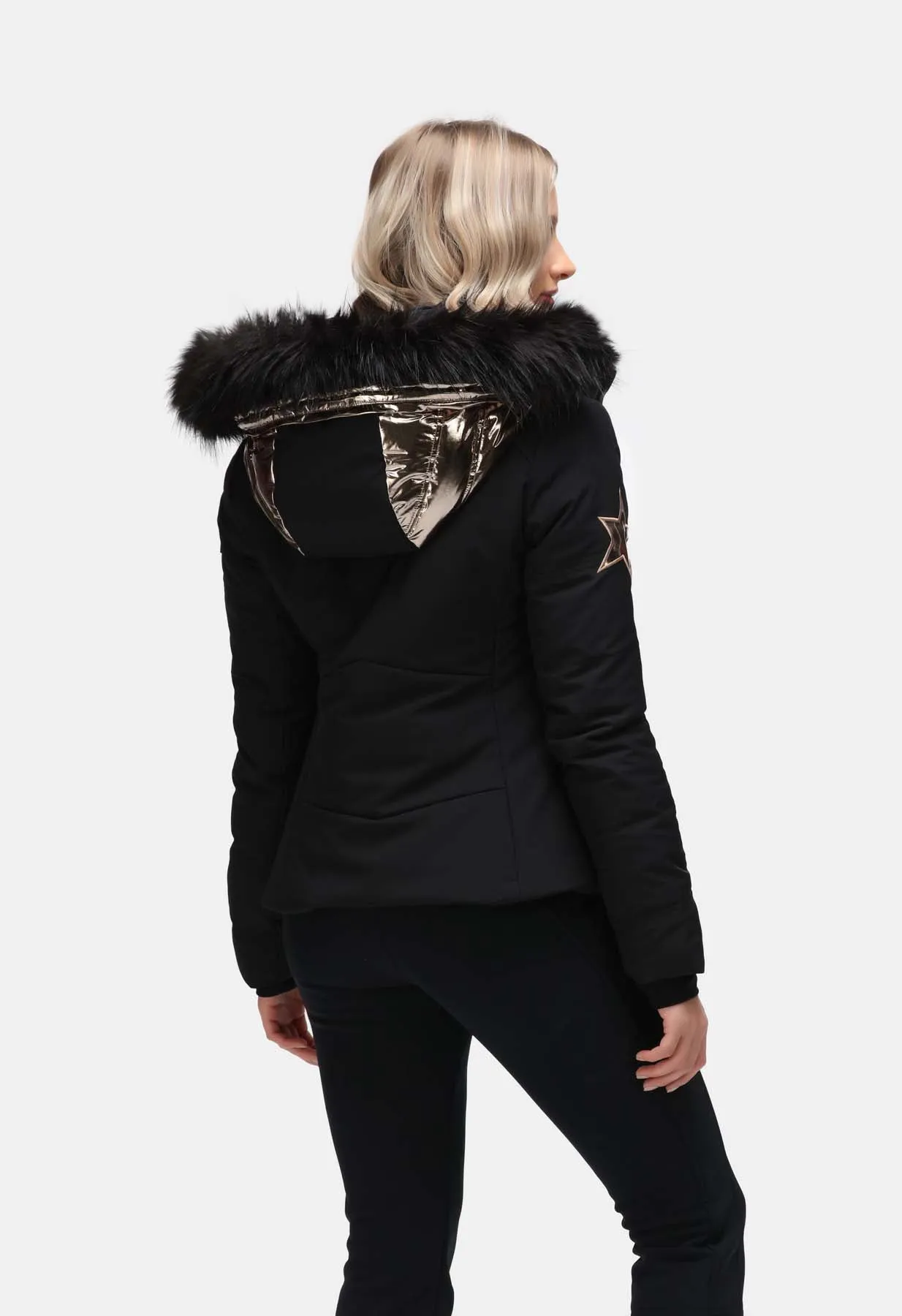 High Society Harper Black and Caramel Ski Jacket with Faux Fur Hood