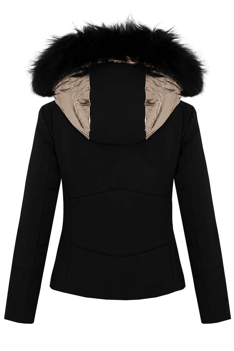 High Society Harper Black and Caramel Ski Jacket with Faux Fur Hood