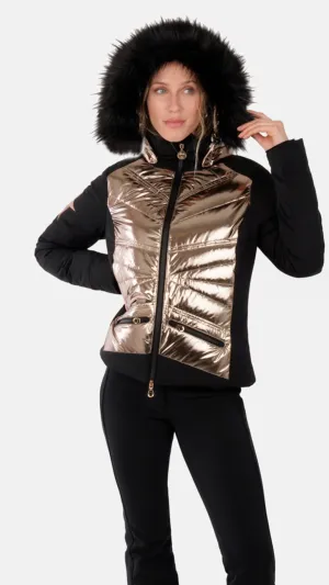 High Society Harper Black and Caramel Ski Jacket with Faux Fur Hood