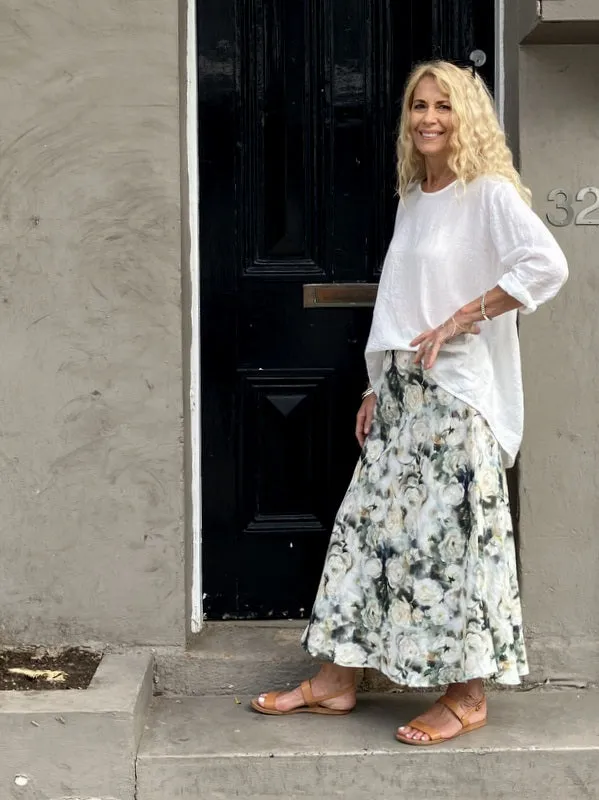 Jiva Midi Linen Prudence Skirt- White Rose Print