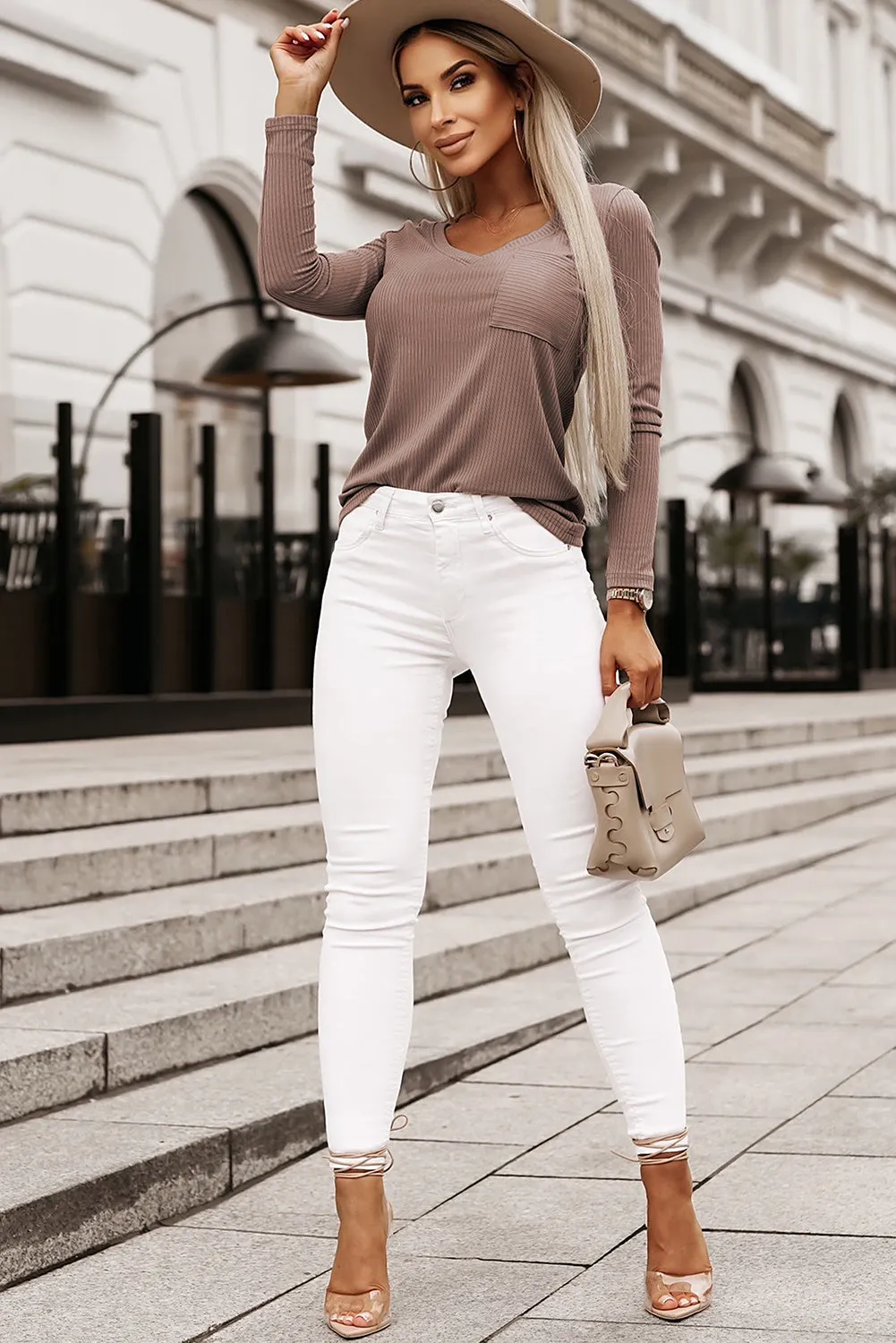 Knit Chest Pocket V Neck Top