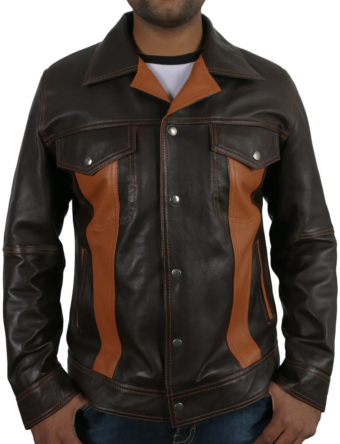 Leather Jackets Hub Mens Genuine Lambskin Leather Jacket (Brown-Cognic-Tan, Fencing Jacket) - 1501786