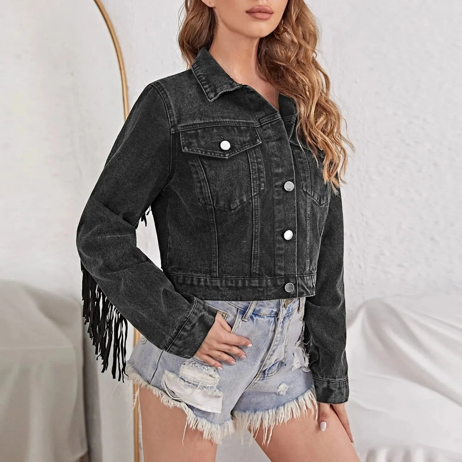 Long Sleeve Button Tassel Fringe Jacket