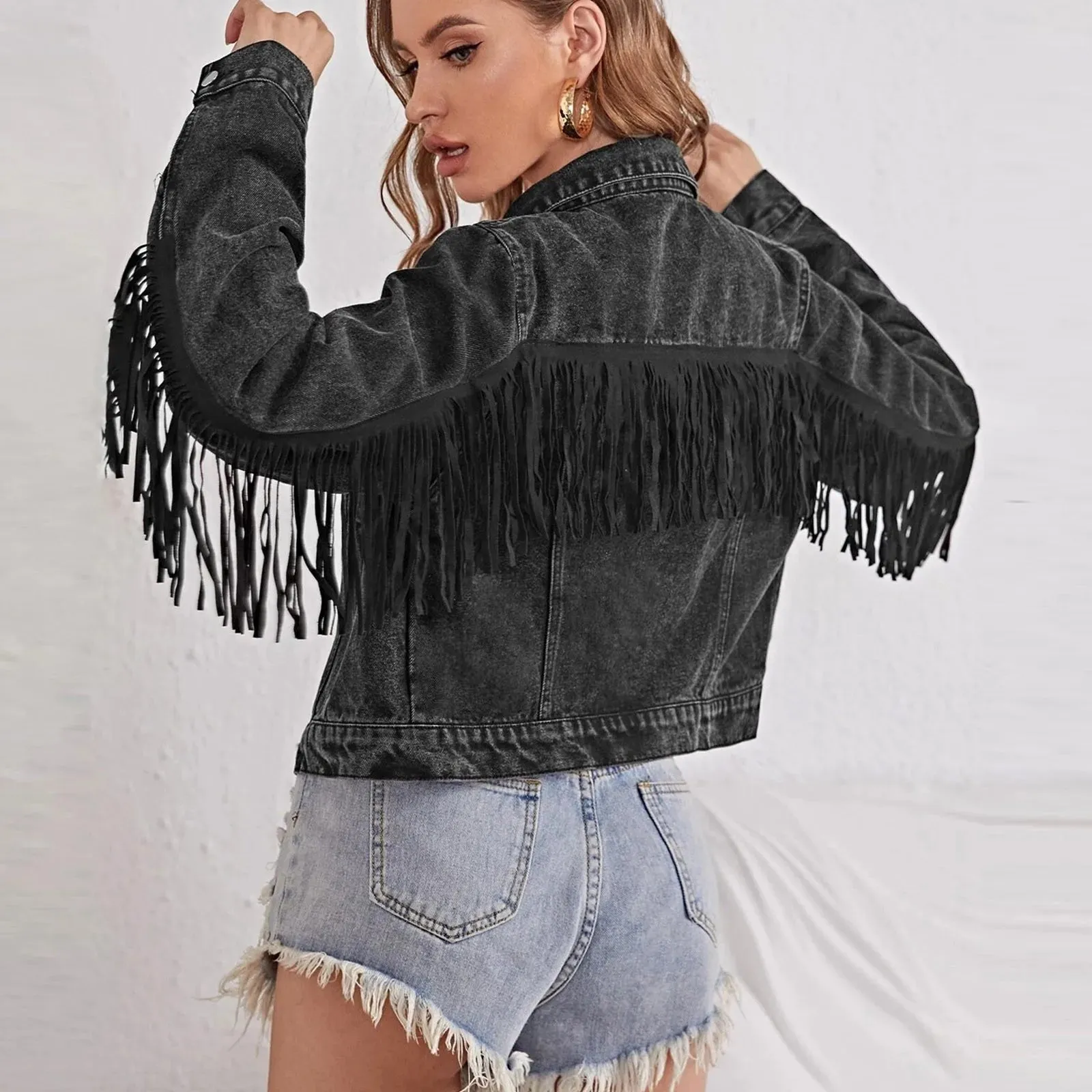 Long Sleeve Button Tassel Fringe Jacket