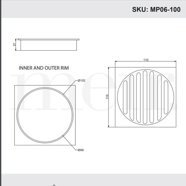 Meir Square Floor Grate Shower Drain 100mm Outlet - Tiger Bronze