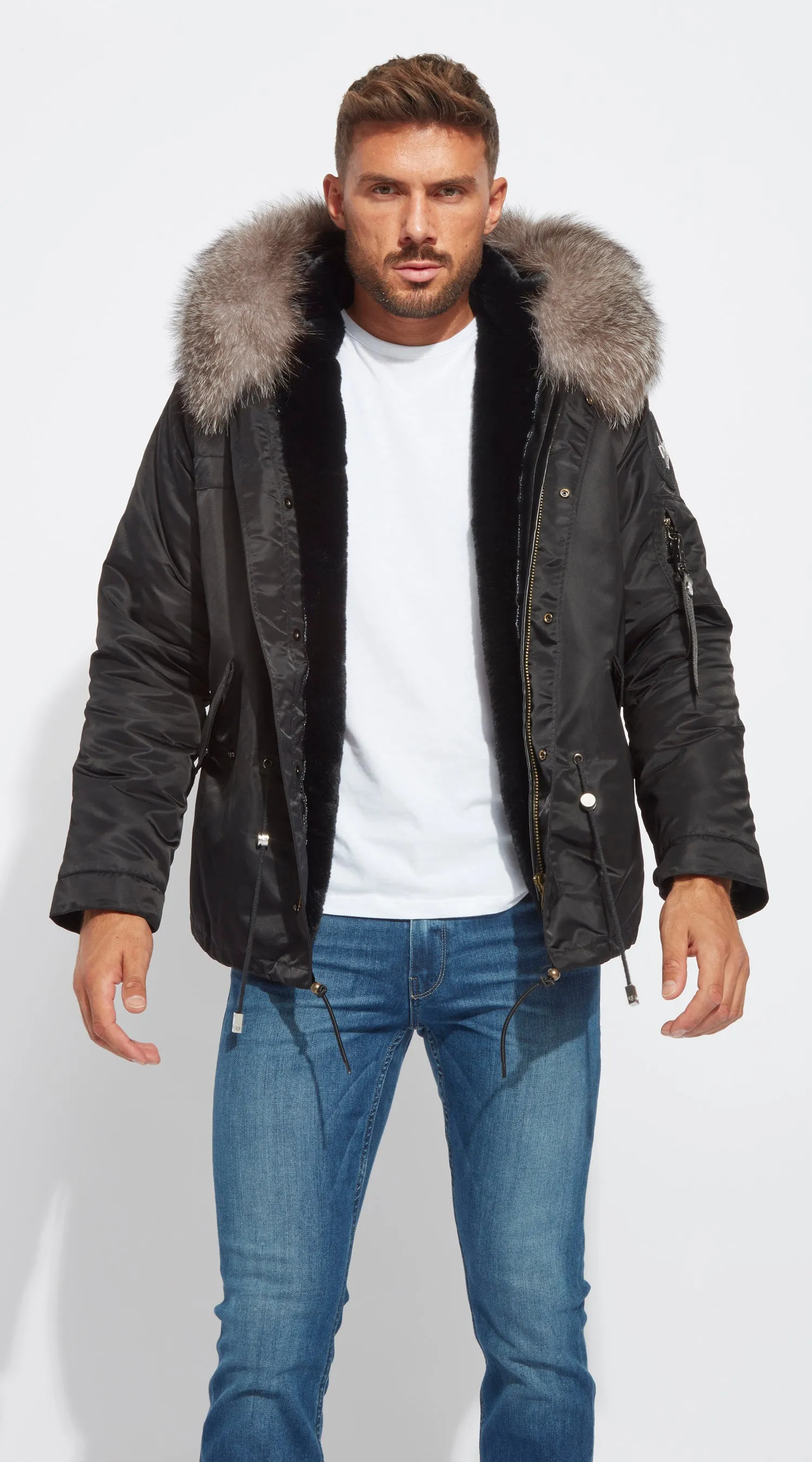 Mens Black Water-Repellent Luxy Fur Parka - Silver Frost Fox