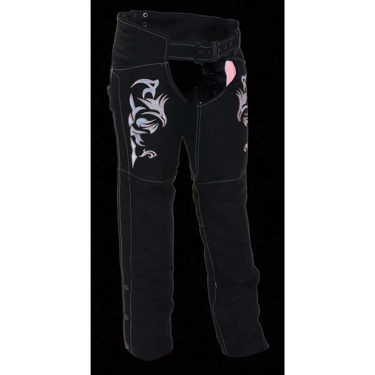 Milwaukee Leather SH1182 Women's Black with Pink Textile Motorcycle Riding Chaps with Tribal Embroidery