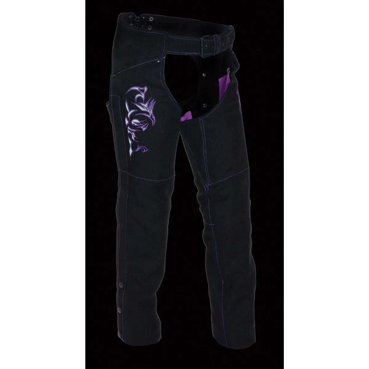 Milwaukee Leather SH1182 Women's Black with Purple Textile Motorcycle Riding Chaps with Tribal Embroidery