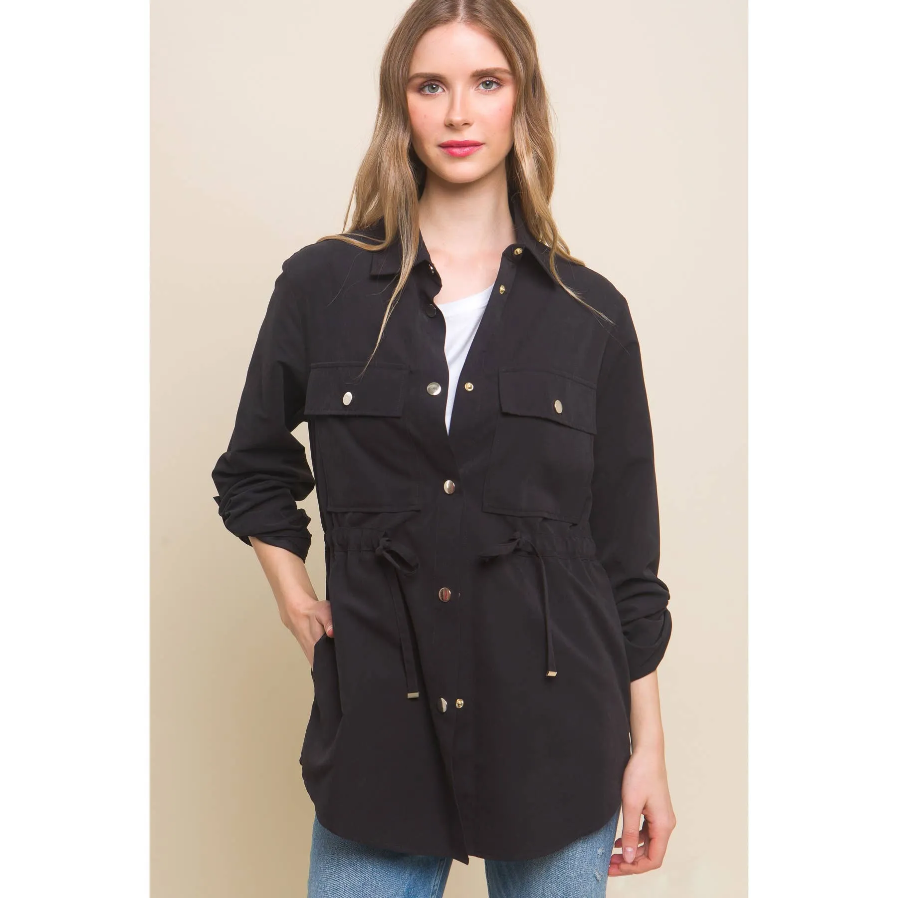 Prudence Long Sleeve Button Down Jacket in Khaki and Black