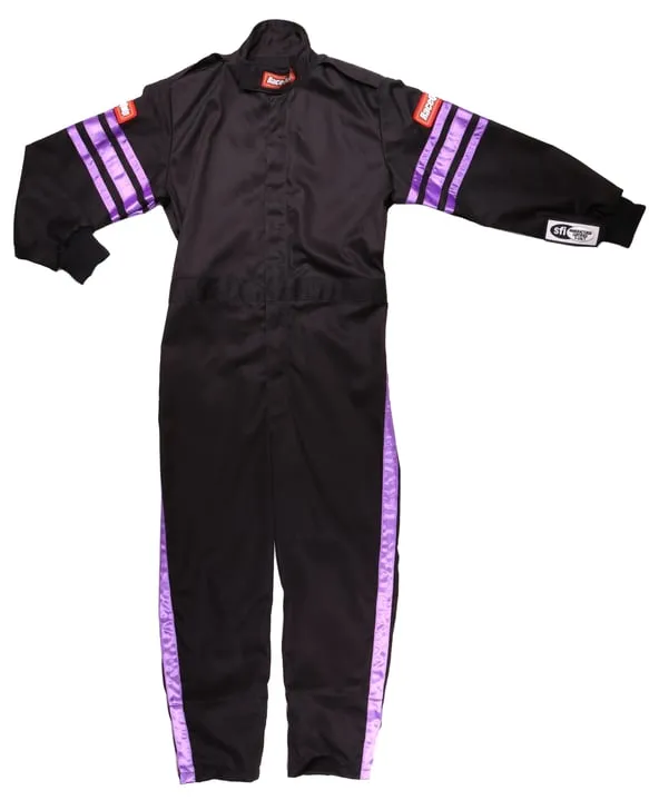 RaceQuip One Piece Single Layer Fire Suit - Black w/Purple Stripes -Kids Medium - 1950593