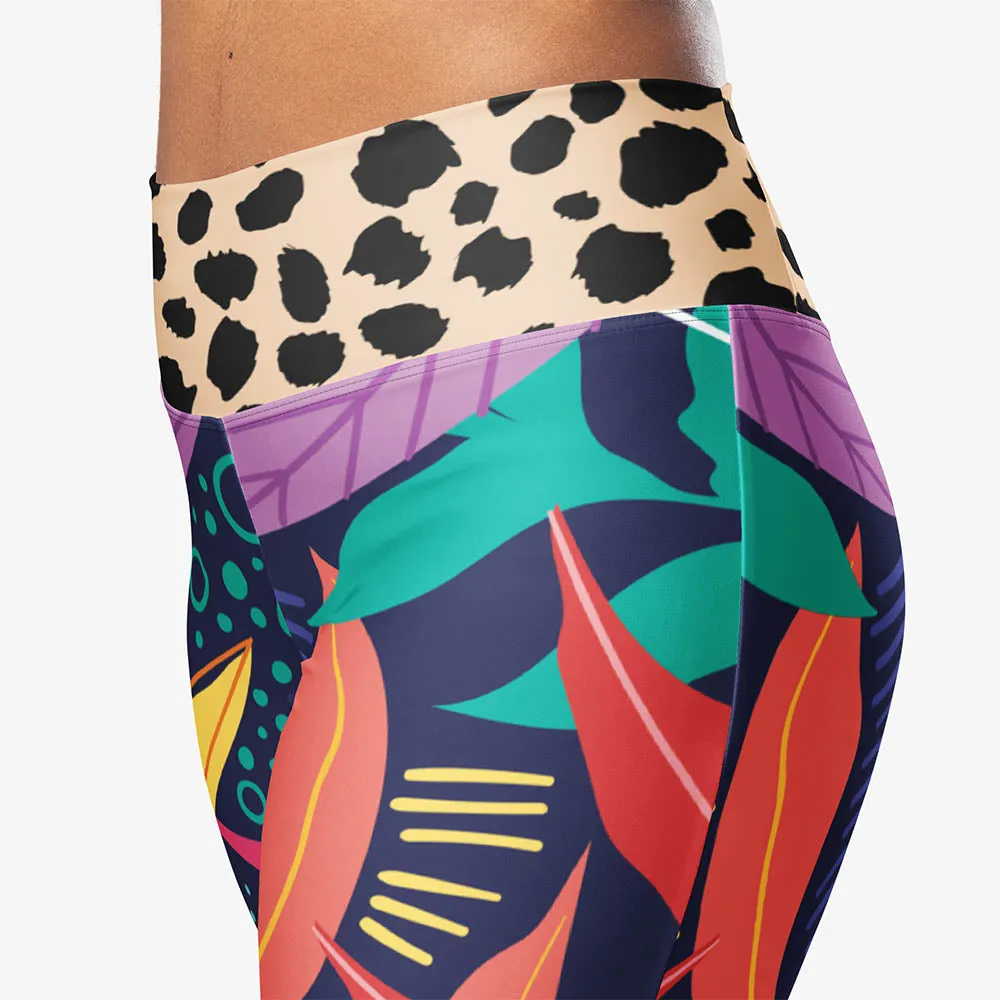 Recycled Flare leggings "Animal Leaves" Blue/Orange/Green