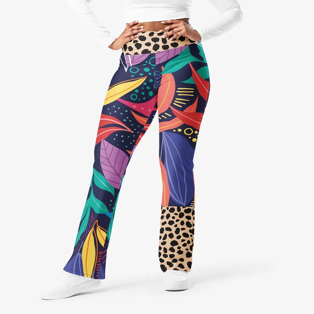 Recycled Flare leggings "Animal Leaves" Blue/Orange/Green