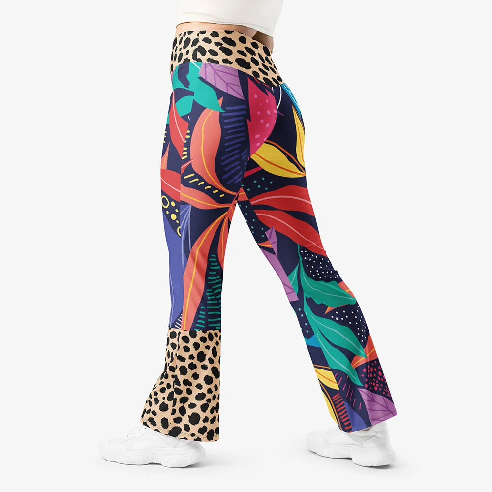 Recycled Flare leggings "Animal Leaves" Blue/Orange/Green