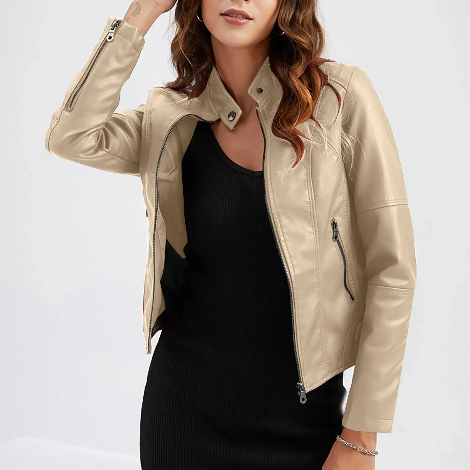 Red Long Sleeve Solid Standing Collar Women's Blazer Coat Jacket