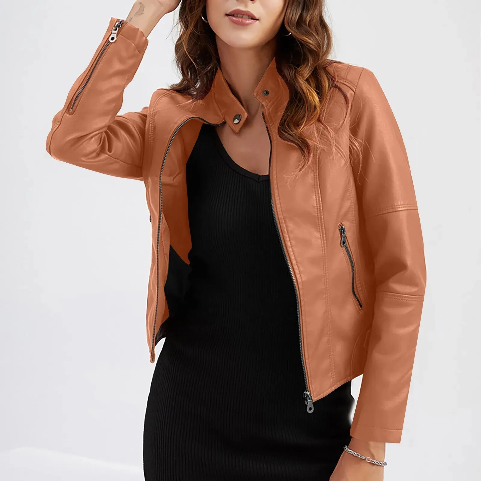 Red Long Sleeve Solid Standing Collar Women's Blazer Coat Jacket