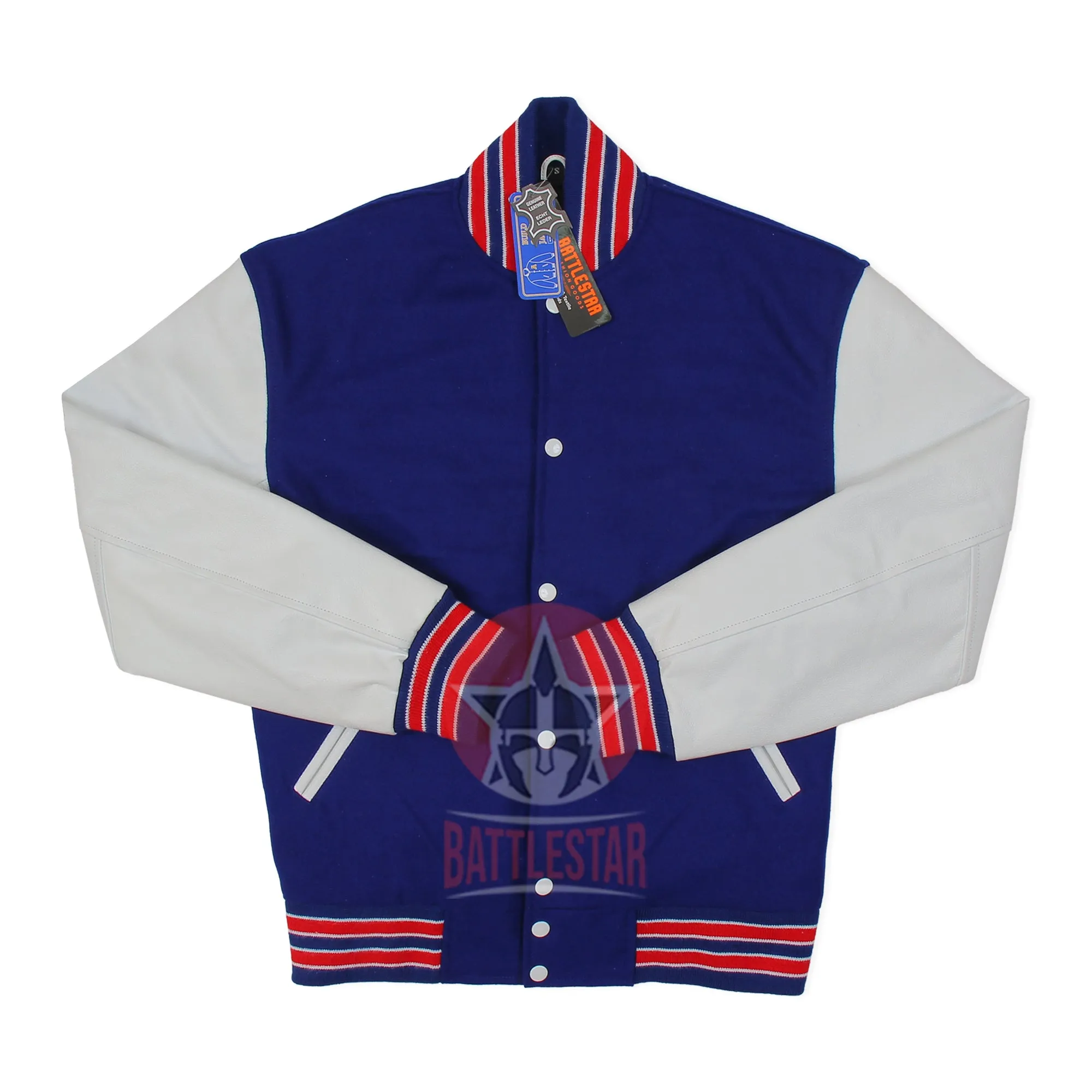 Royal Blue Wool White Leather Sleeves Varsity Jacket