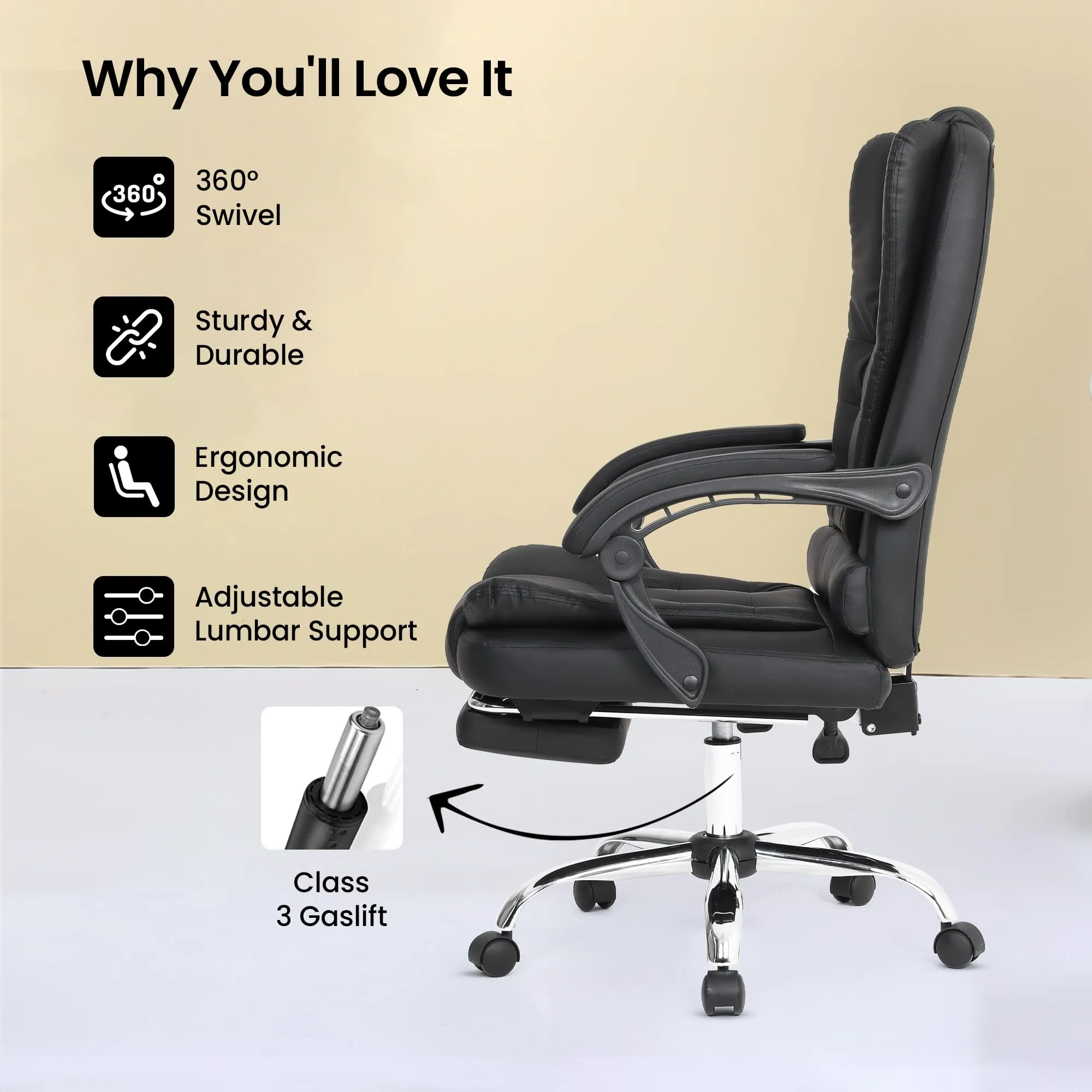 SAVYA HOME Virtue Plus Ergonomic High Back Leatherette Office Chair | Work from Home Desk Chair | Lumbar Support | Cushioned Armrest & Footrest | 135 Degree Tilt and Lock Mechanism- Black